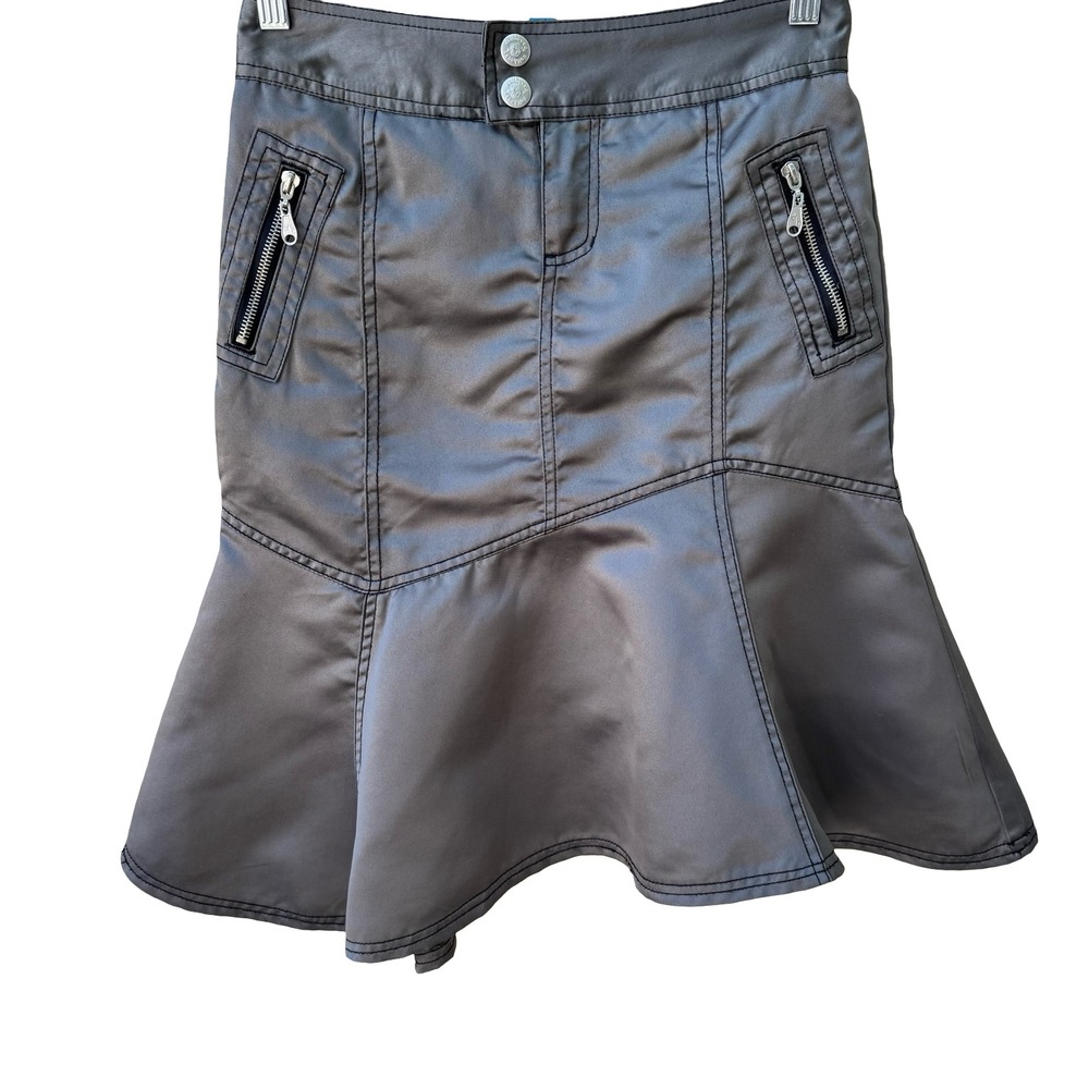 Dollhouse Y2K Grunge Sleaze Cybercore Metallic Grey Satin Mermaid Flared Skirt